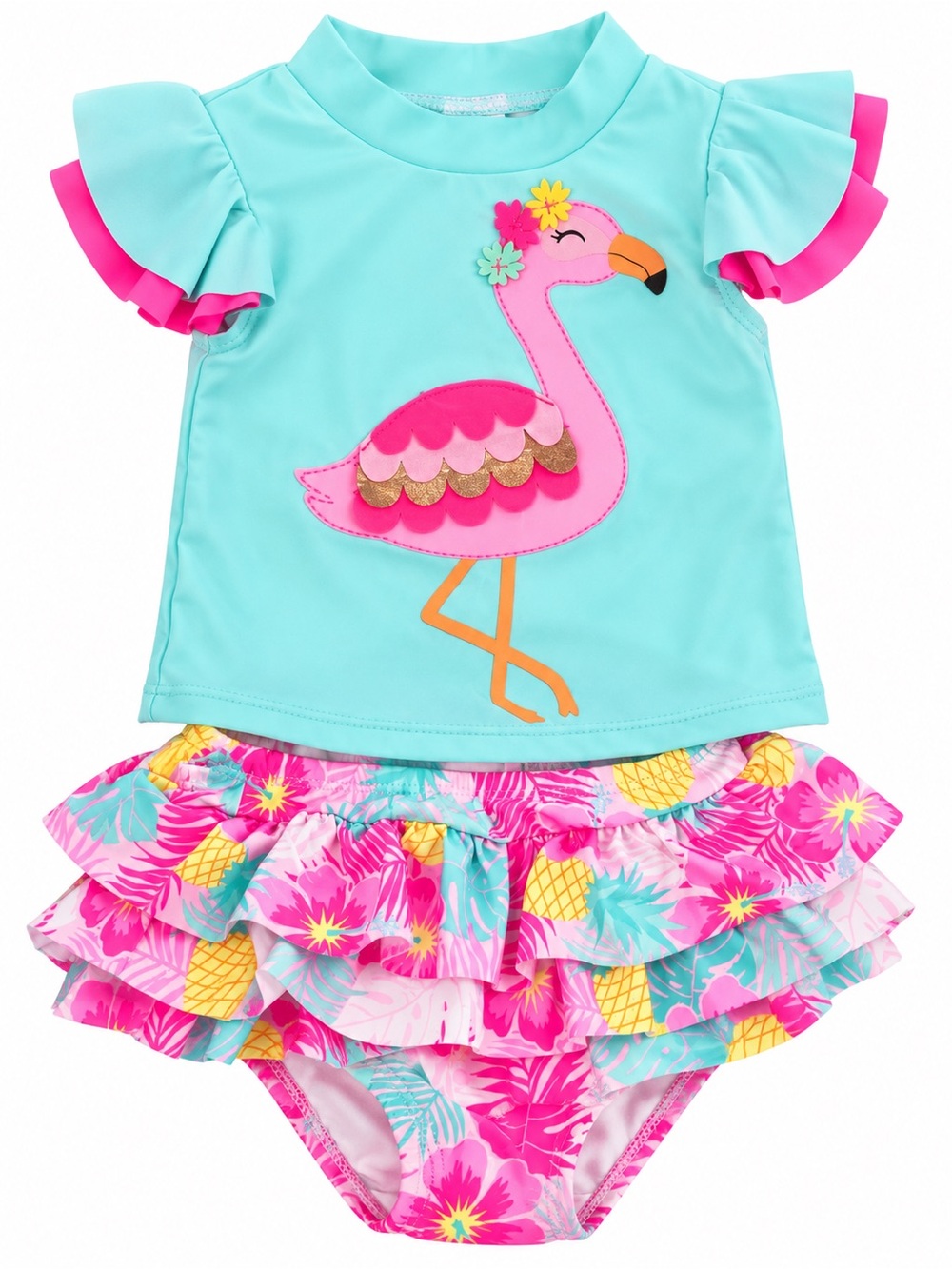 Girls Aqua & Pink Flamingo Ruffle Rashguard Set